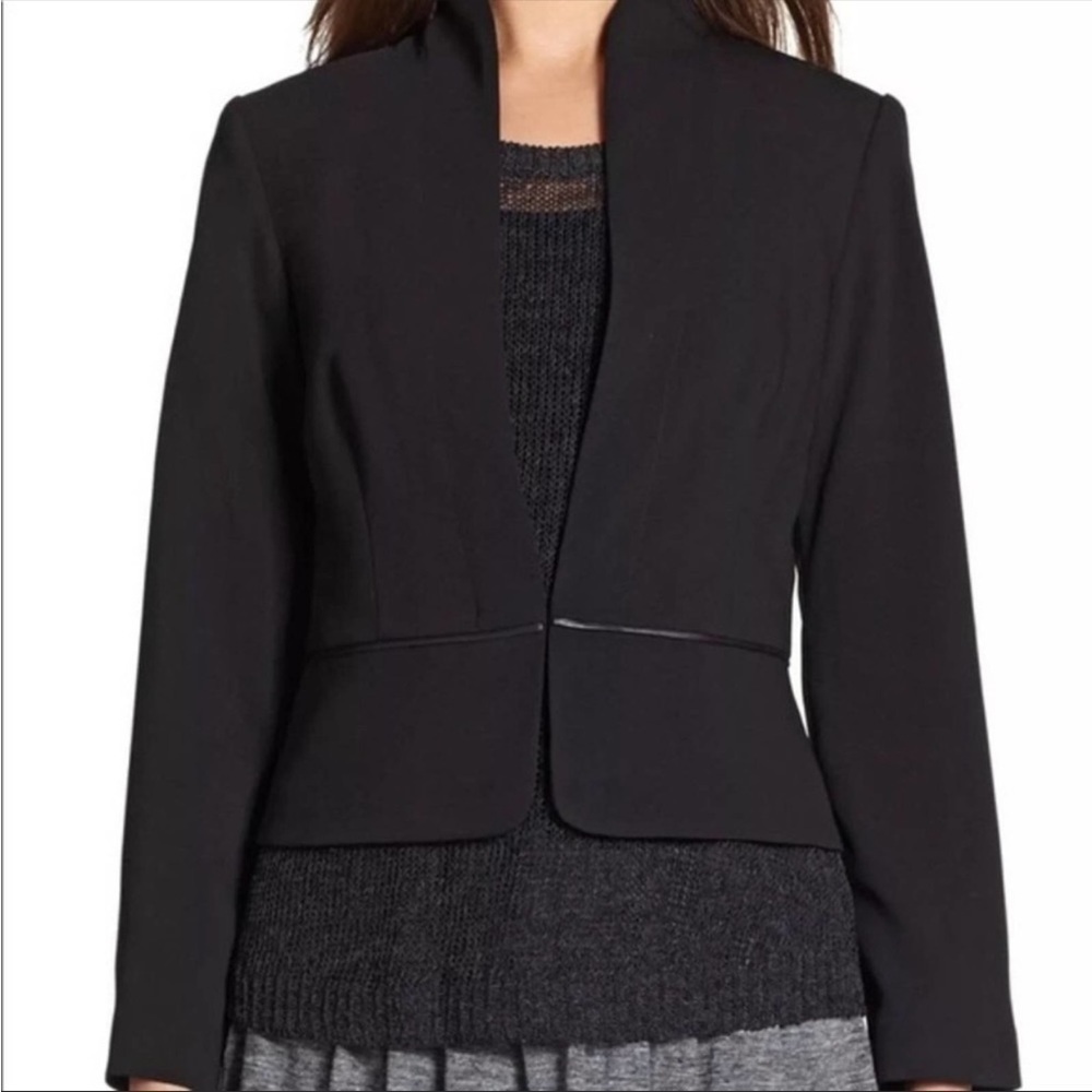 Eileen Fisher Black Peplum Leather Trim Eco Poly Hook Front Blazer
